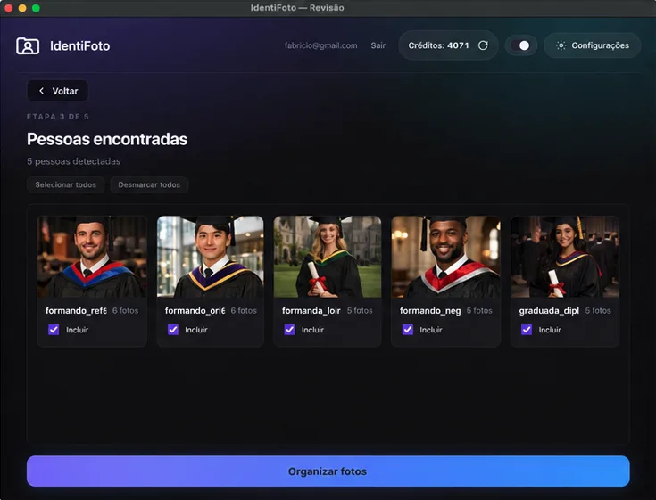Tela de pessoas encontradas: formandos detectados pela IA com contagem de fotos e opção de incluir na organização.